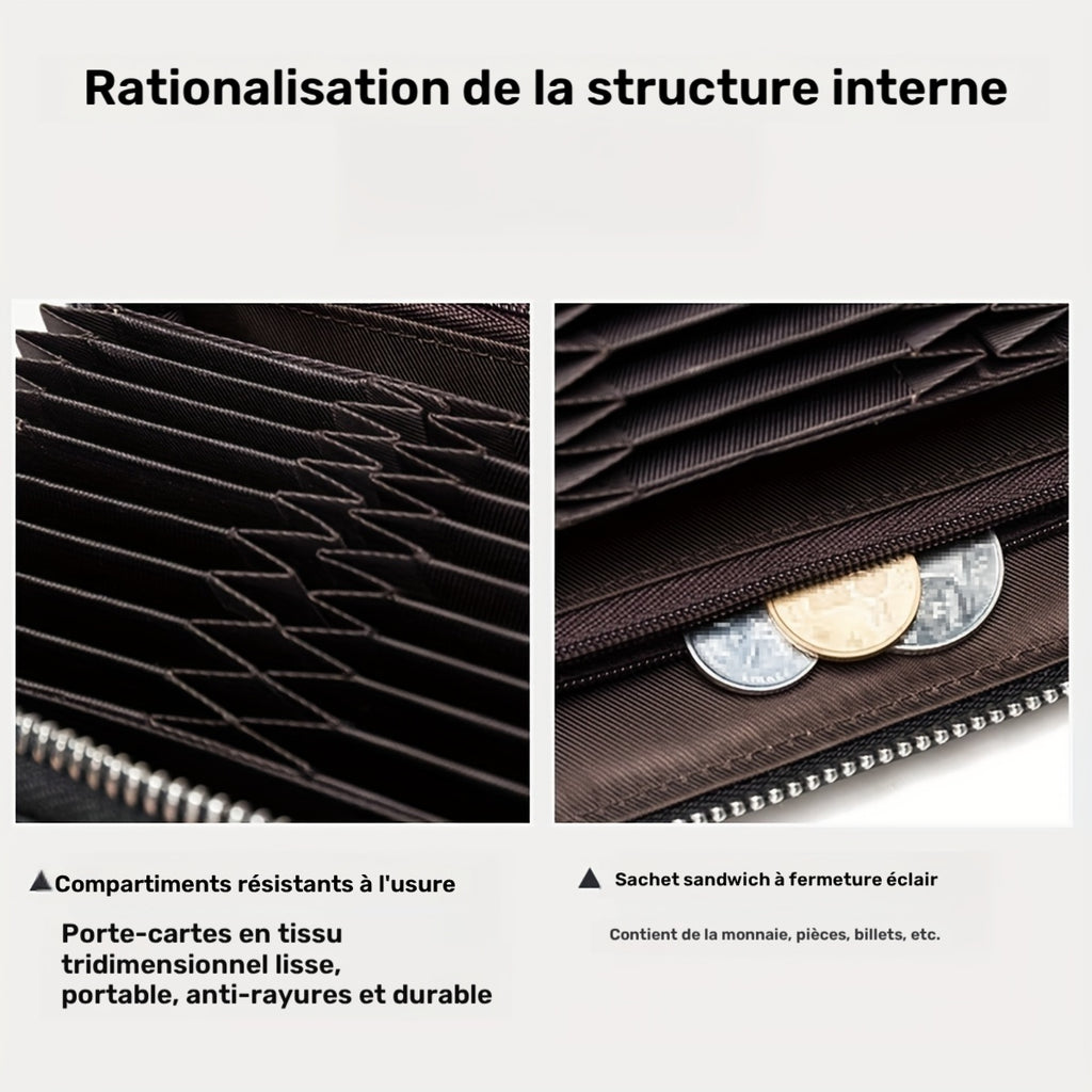 Portefeuille homme long zippé noir, 27 fentes cartes accordéon