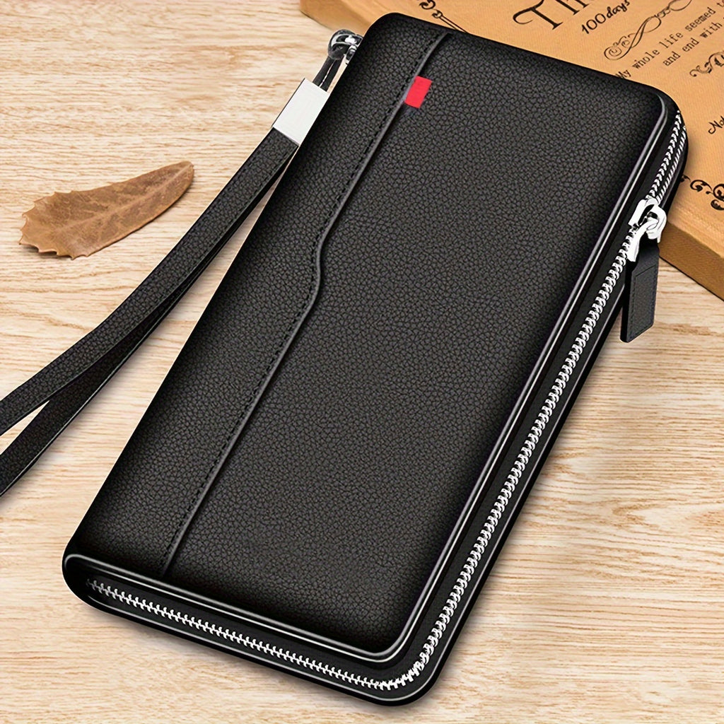Portefeuille homme long zippé noir, 27 fentes cartes accordéon