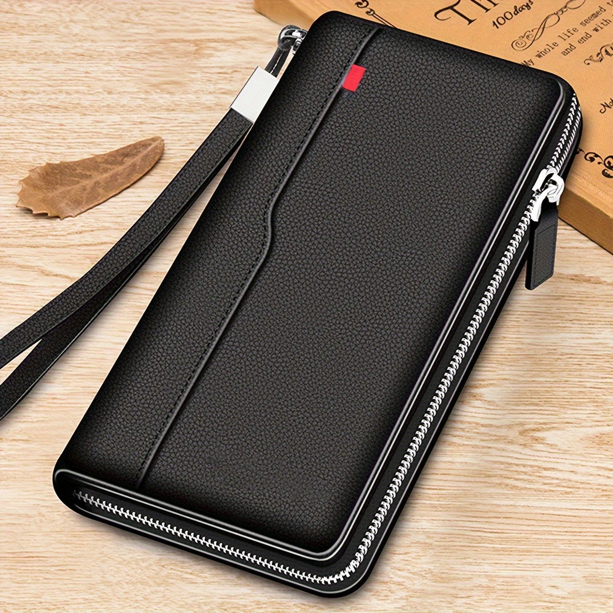 Portefeuille homme long zippé noir, 27 fentes cartes accordéon