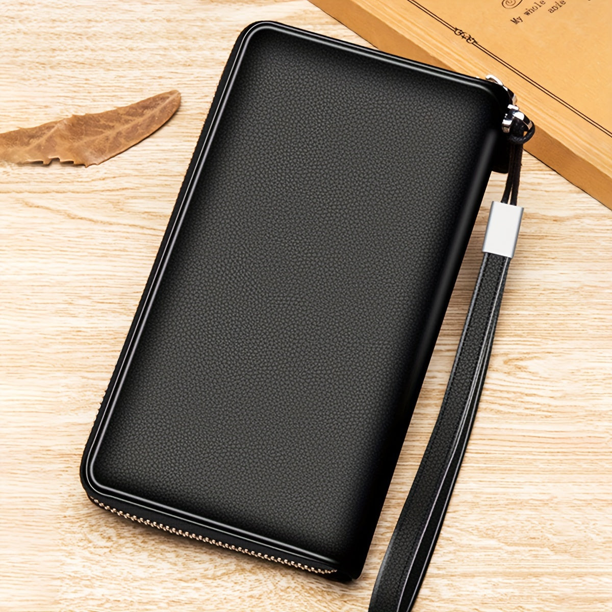Portefeuille homme long zippé noir, 27 fentes cartes accordéon