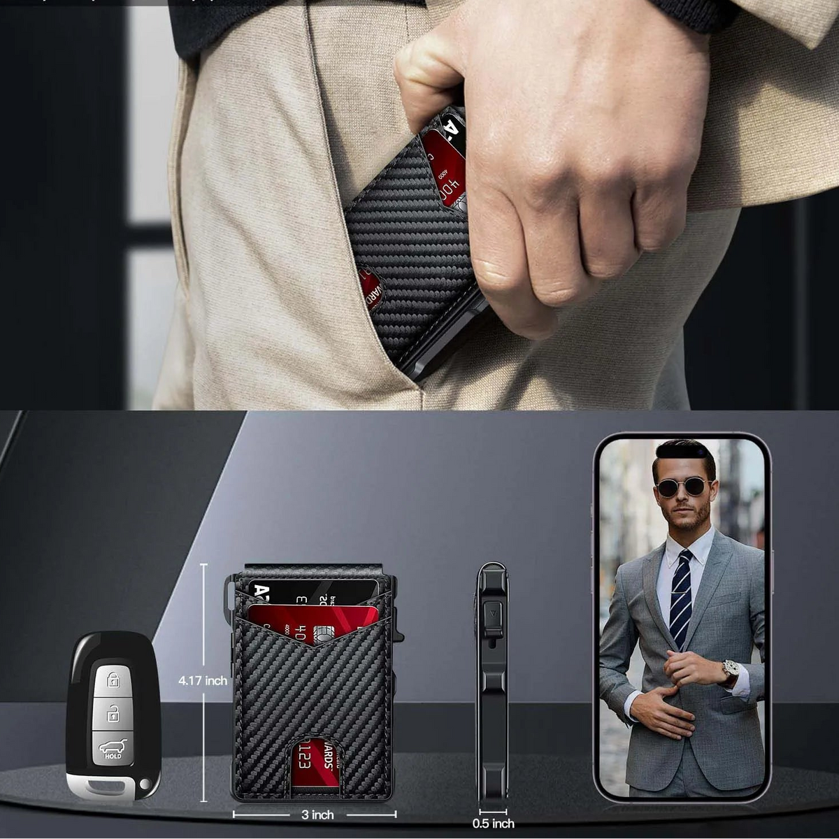 Portefeuille homme minimaliste en cuir PU avec porte-cartes pop-up RFID et clip billets — photo 1