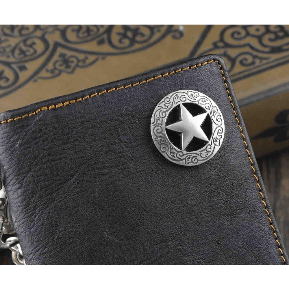 Portefeuille homme motard cuir noir 18,5 cm, concho étoile