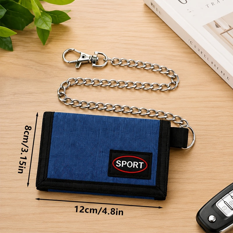 Portefeuille homme 3 volets en nylon, chaîne et mousqueton