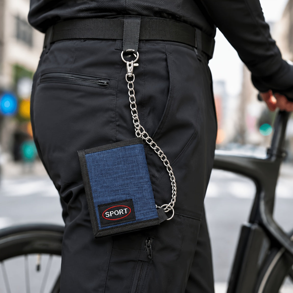 Portefeuille homme 3 volets en nylon, chaîne et mousqueton