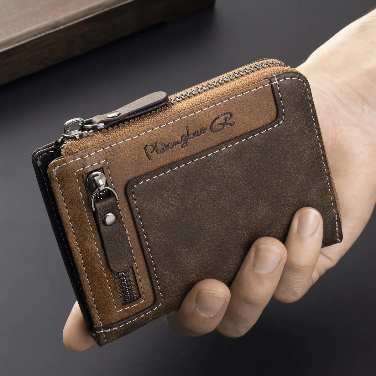 Portefeuille homme personnalisable en cuir PU RFID avec zip et multi-compartiments — photo 1