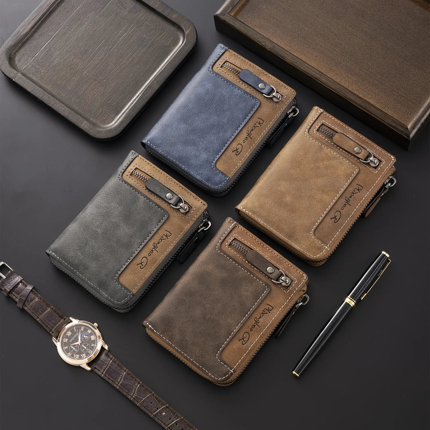 Portefeuille homme personnalisable en cuir PU RFID avec zip et multi-compartiments — photo 3 Image