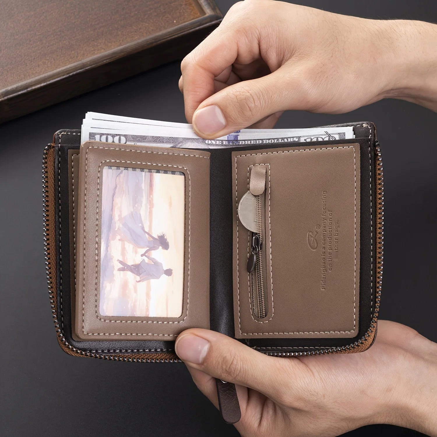 Portefeuille homme personnalisable en cuir PU RFID avec zip et multi-compartiments — photo 4 Image