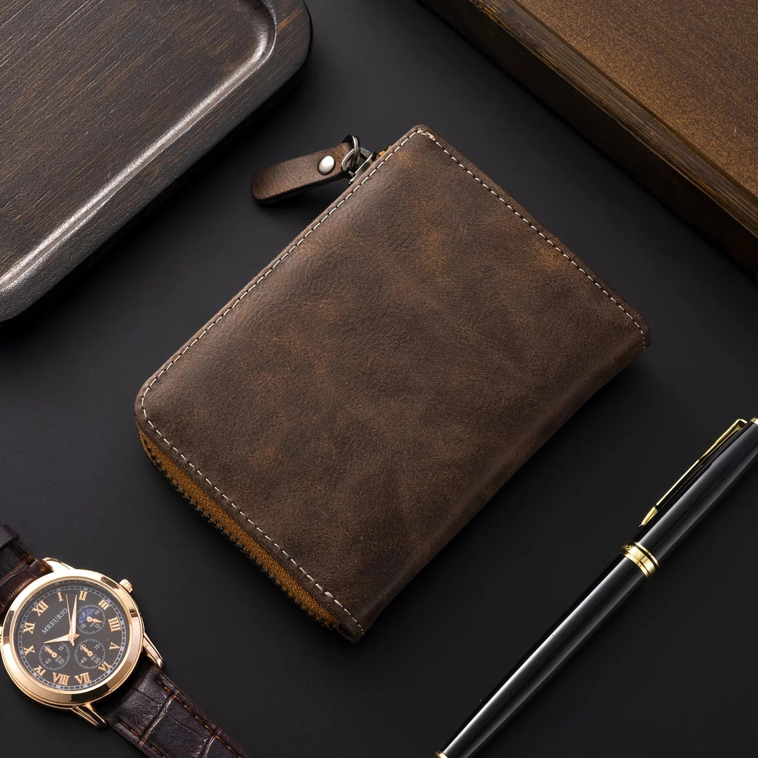 Portefeuille homme personnalisable en cuir PU RFID avec zip et multi-compartiments — photo 6 Image