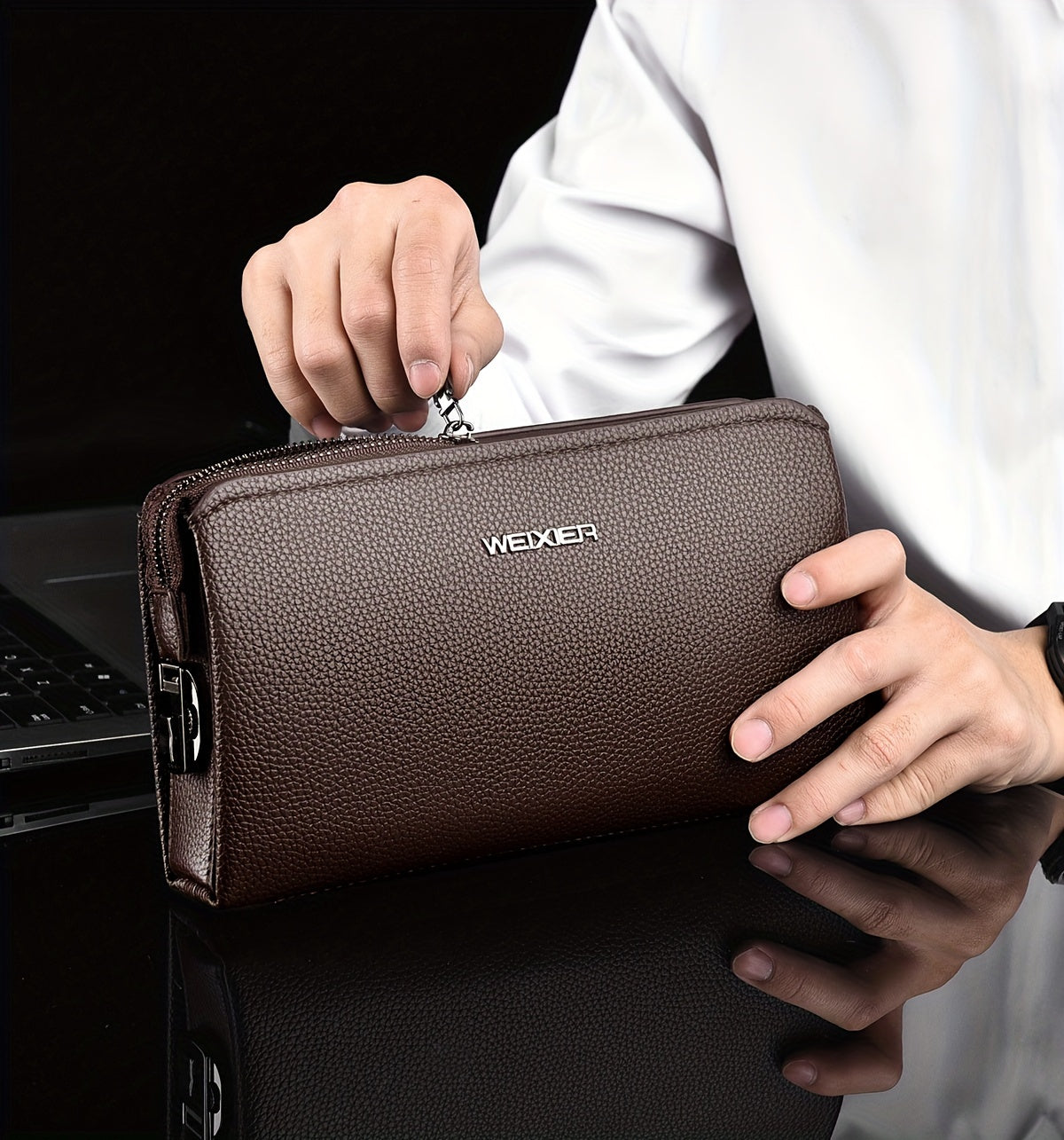 Portefeuille homme pochette zippée à cadenas et 12 fentes