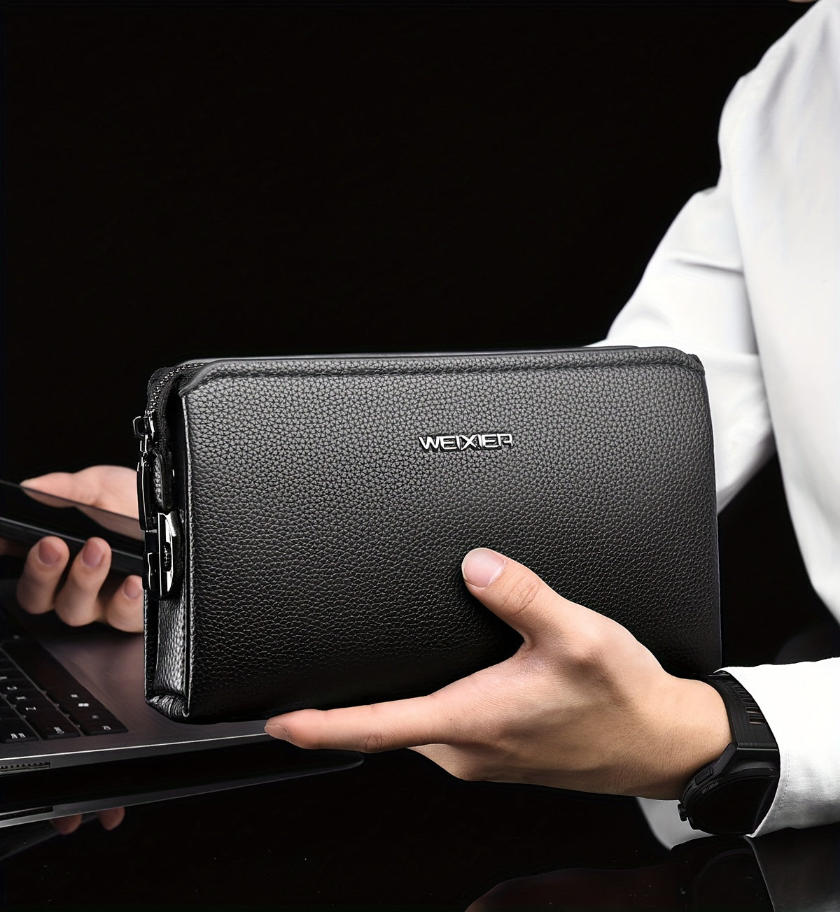 Portefeuille homme pochette zippée à cadenas et 12 fentes