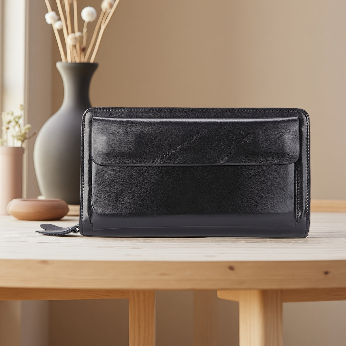 Portefeuille homme pochette 21,5 cm en peau de vache cirée