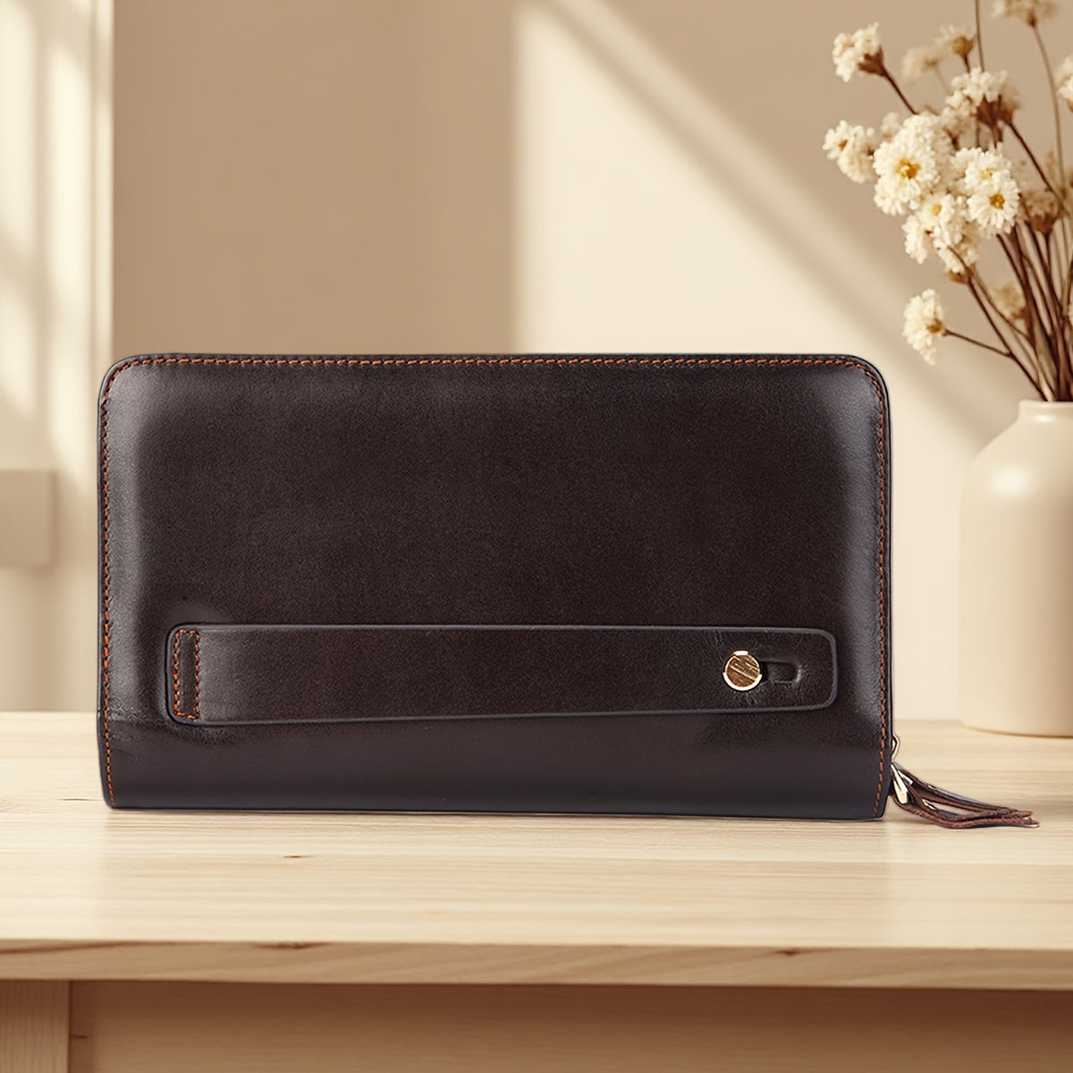 Portefeuille homme pochette 21,5 cm en peau de vache cirée