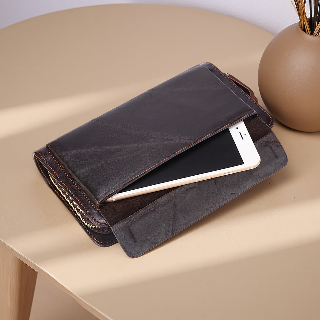 Portefeuille homme pochette 21,5 cm en peau de vache cirée