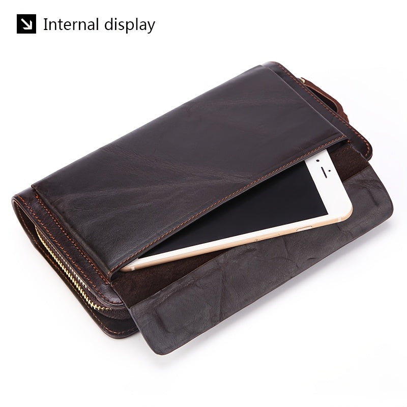 Portefeuille homme pochette 21,5 cm en peau de vache cirée