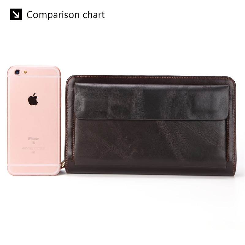 Portefeuille homme pochette 21,5 cm en peau de vache cirée