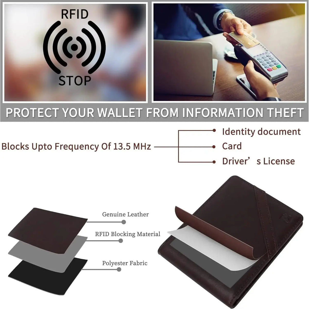 Portefeuille bifold en cuir de grain supérieur avec protection RFID — photo 6