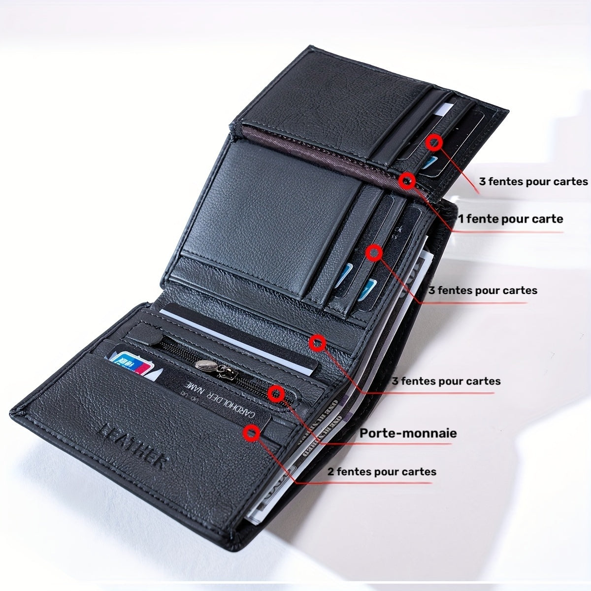 Portefeuille homme vertical, douze logements et 86 grammes
