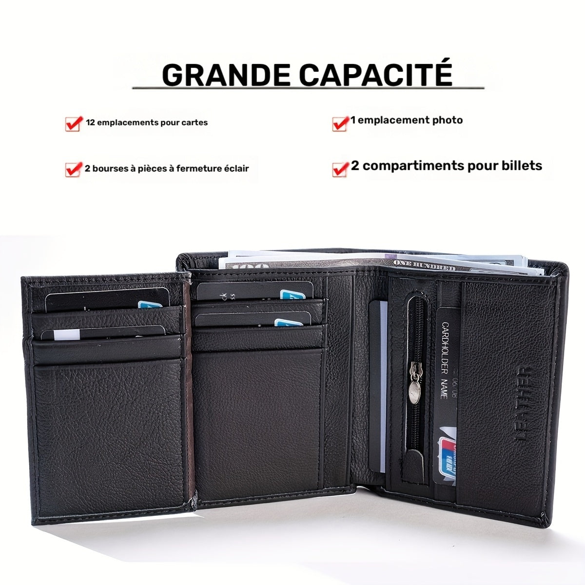 Portefeuille homme vertical, douze logements et 86 grammes