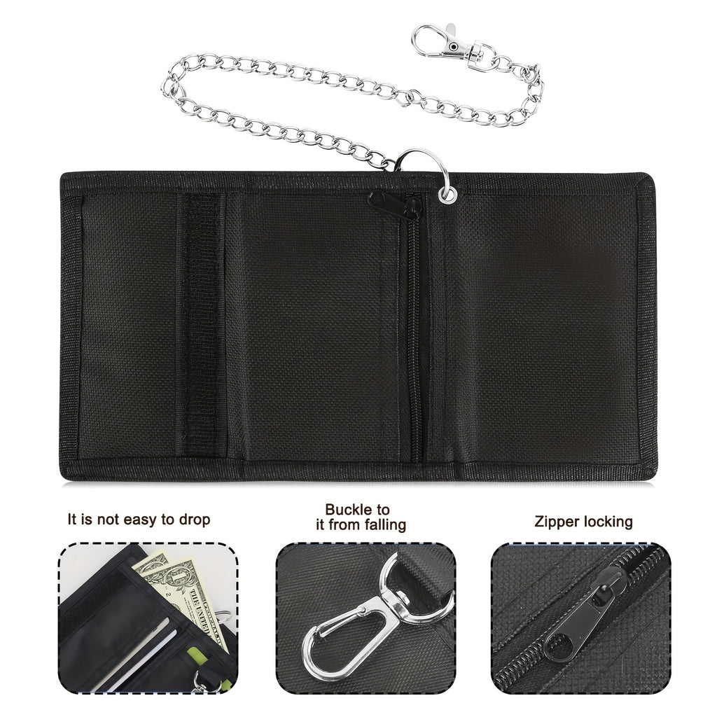Portefeuille homme en toile noire, trois volets et chaîne