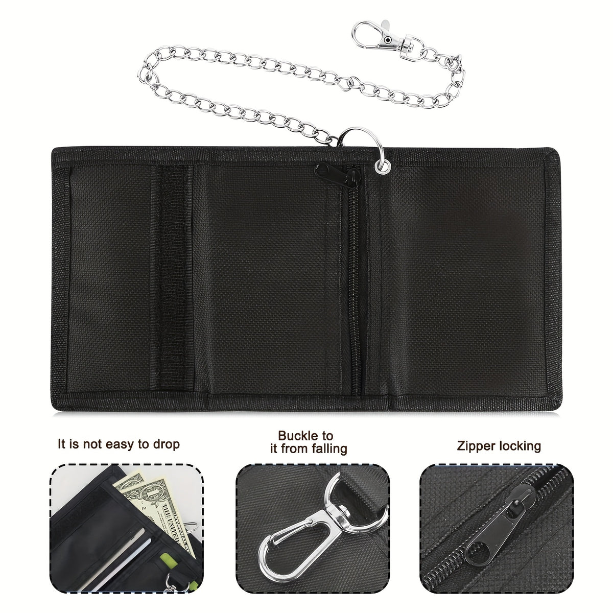 Portefeuille homme en toile noire, trois volets et chaîne