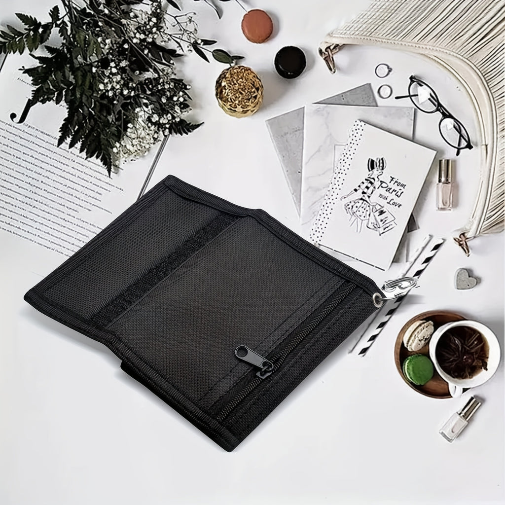 Portefeuille homme en toile noire, trois volets et chaîne