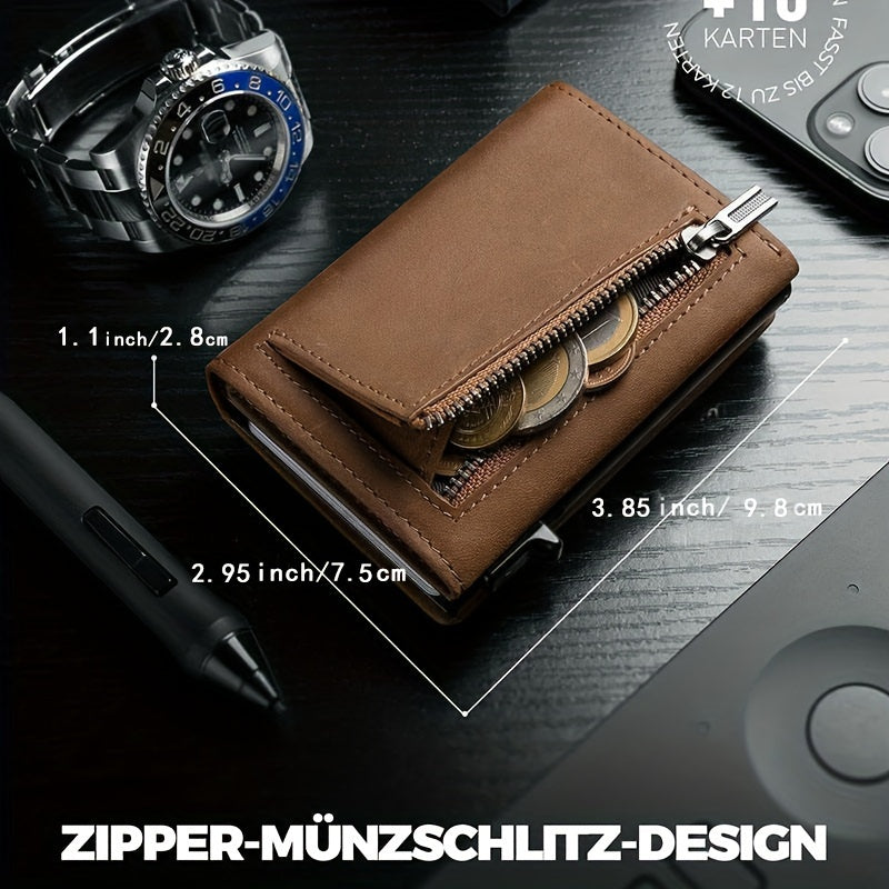 Portefeuille homme trois volets, zip à monnaie, 9,8 x 7,5 cm