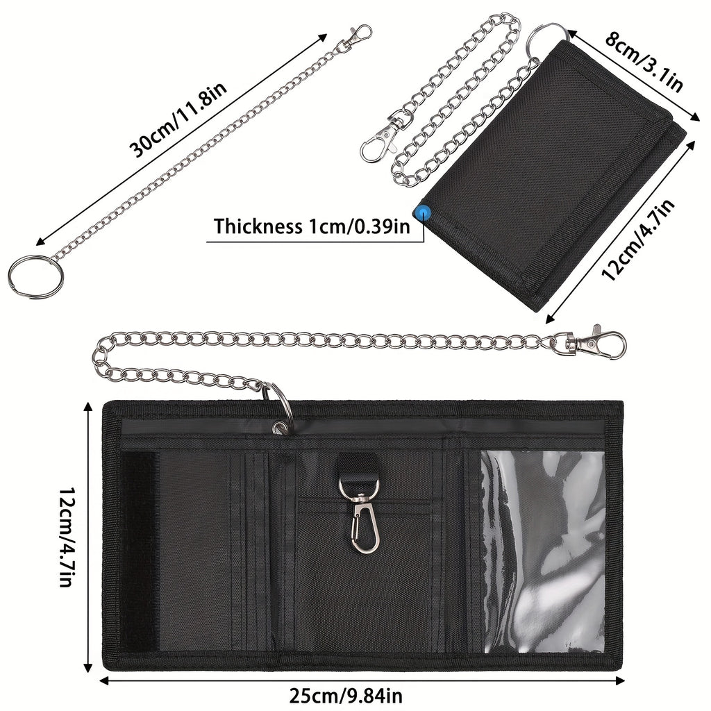 Portefeuille homme 3 volets en toile, 1 cm, chaîne 30 cm