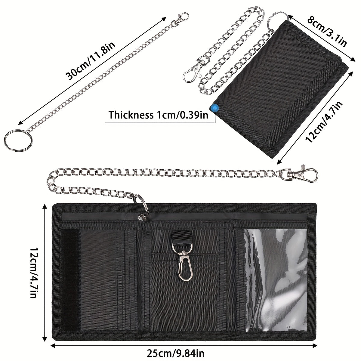 Portefeuille homme 3 volets en toile, 1 cm, chaîne 30 cm