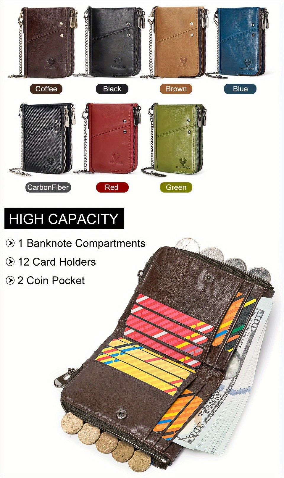 Portefeuille homme vertical, deux zips et douze fentes cartes