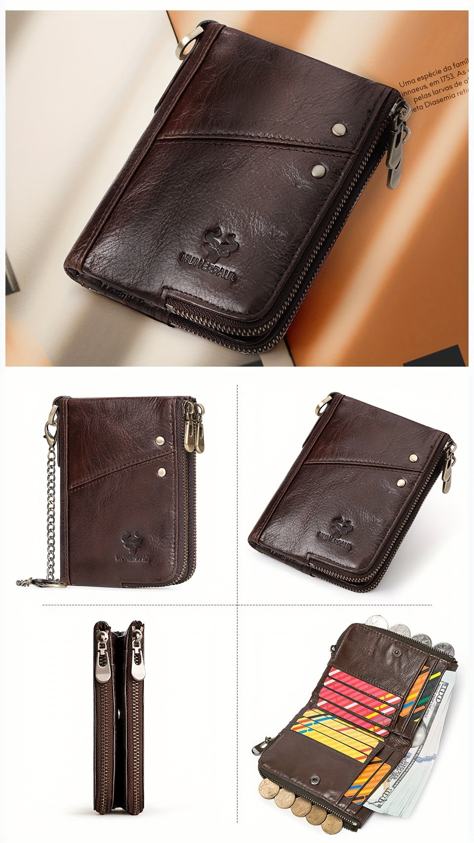 Portefeuille homme vertical, deux zips et douze fentes cartes