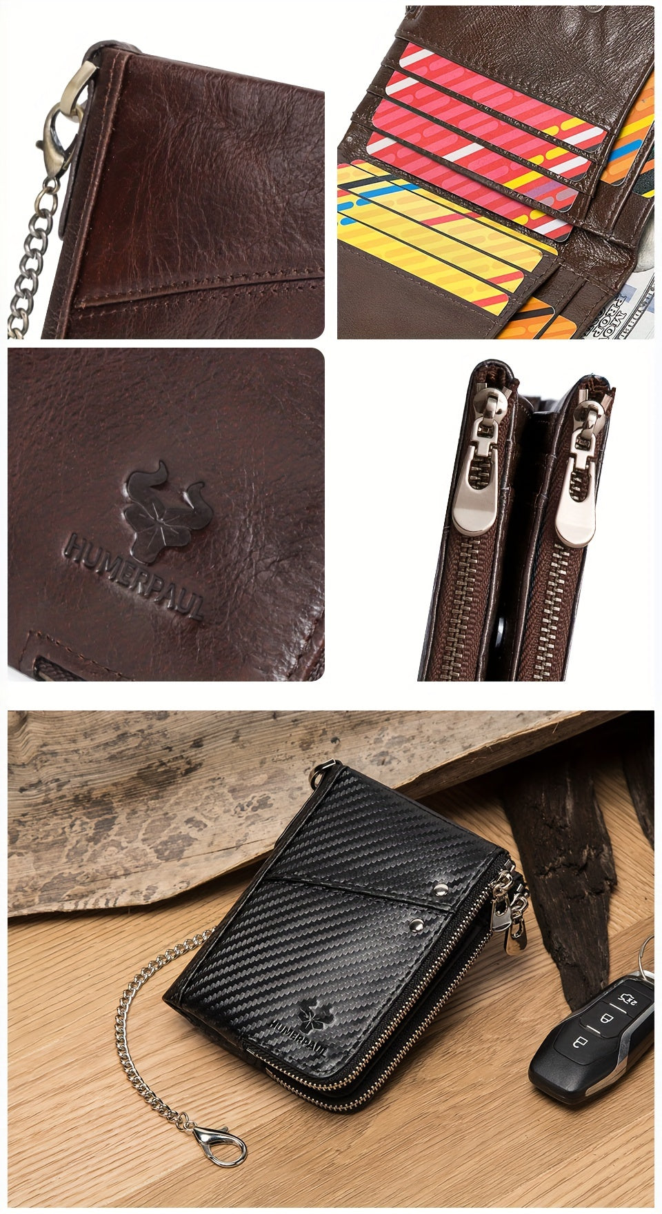Portefeuille homme vertical, deux zips et douze fentes cartes