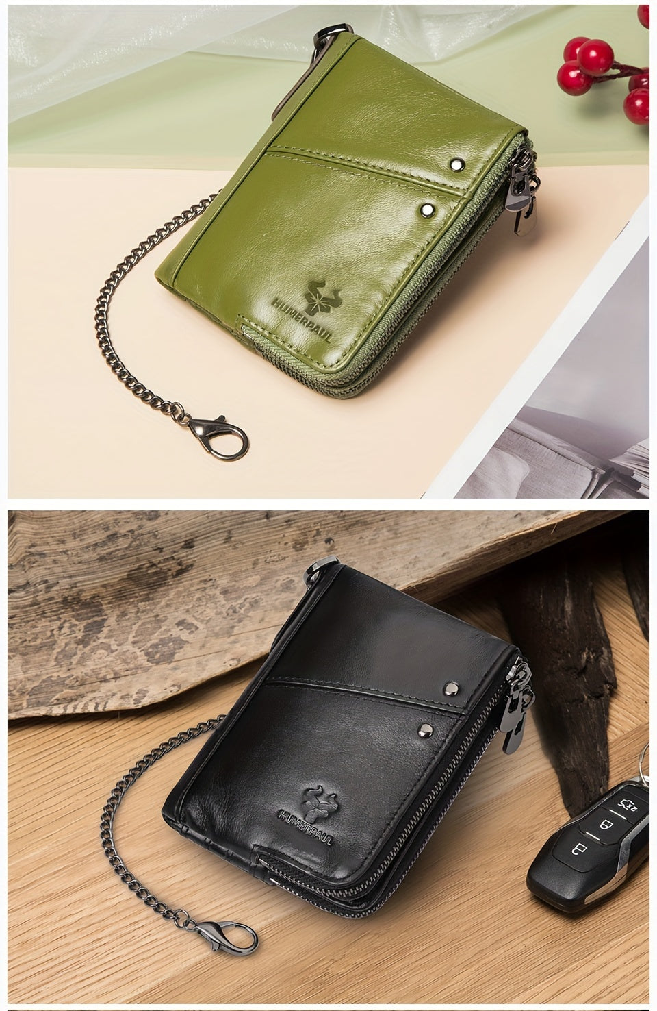 Portefeuille homme vertical, deux zips et douze fentes cartes