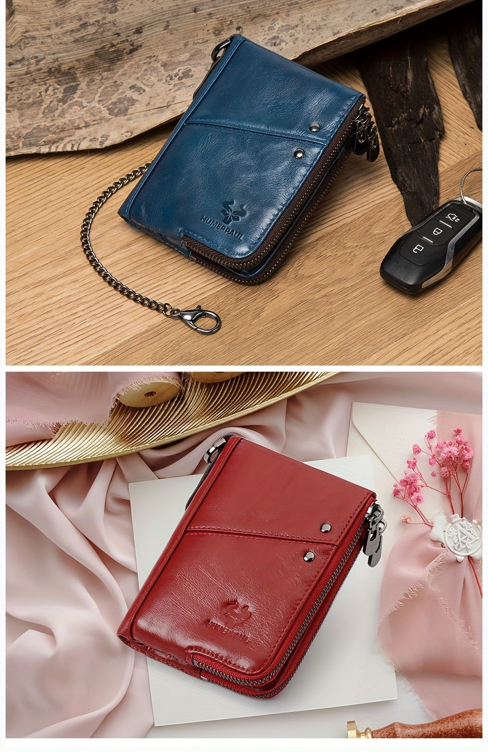 Portefeuille homme vertical, deux zips et douze fentes cartes