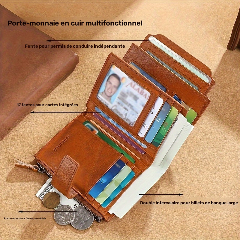 Portefeuille homme vertical 17 fentes cartes et porte-cartes ID