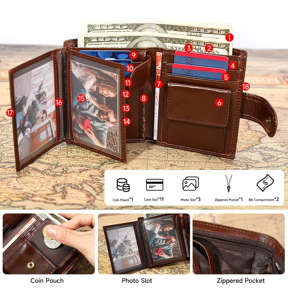 Portefeuille homme vertical en cuir, 11 cartes et 3 photos