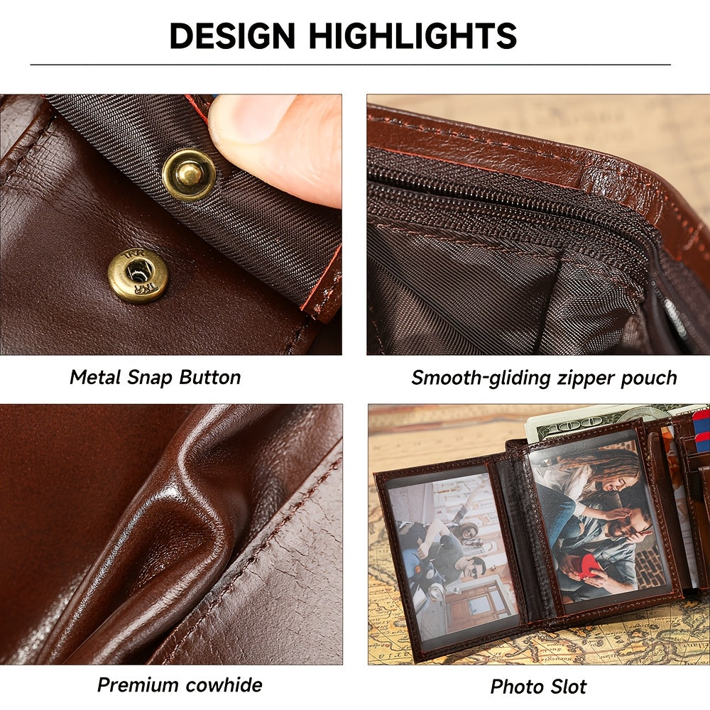 Portefeuille homme vertical en cuir, 11 cartes et 3 photos