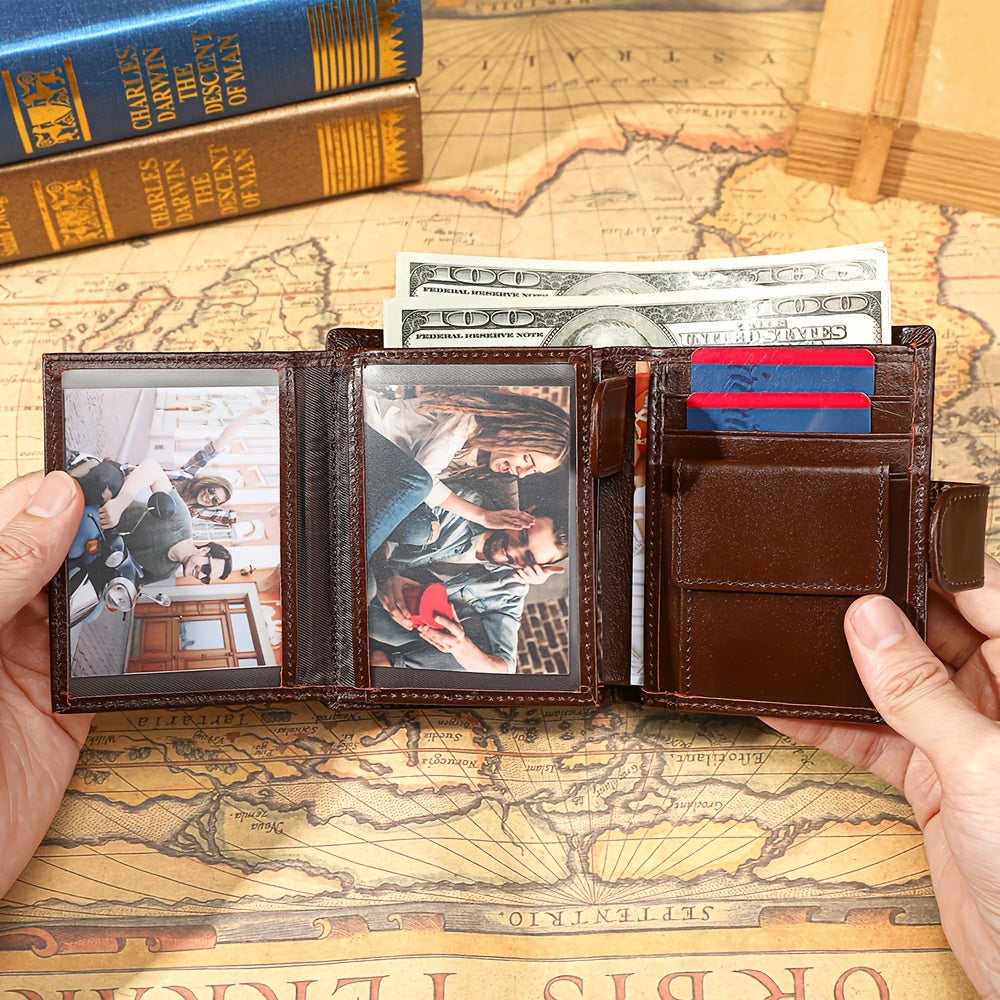 Portefeuille homme vertical en cuir, 11 cartes et 3 photos