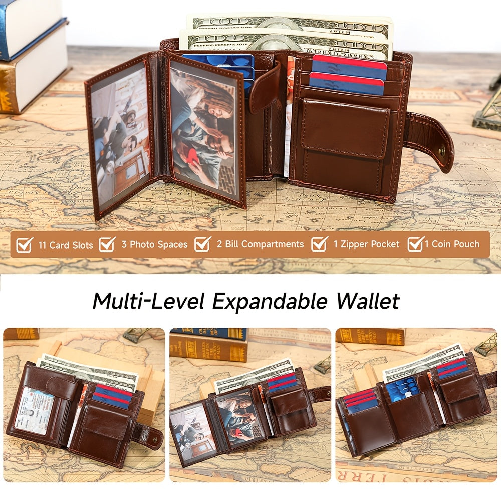 Portefeuille homme vertical en cuir, 11 cartes et 3 photos