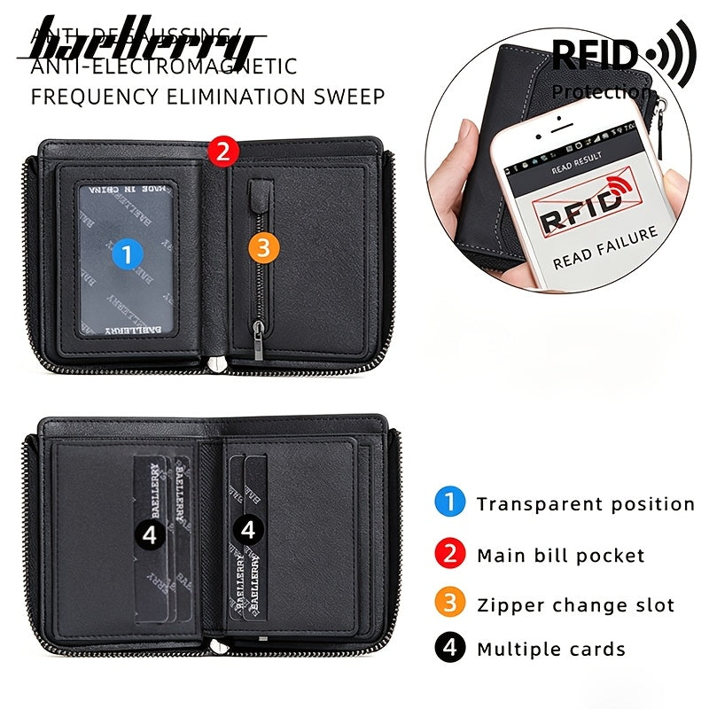Portefeuille homme vertical zippé anti-RFID, poche monnaie