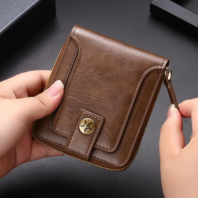 Portefeuille homme vintage en cuir PU avec fermeture éclair et bouton pression — photo 1