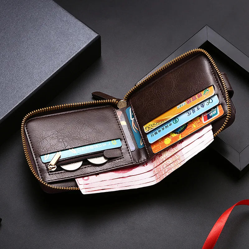 Portefeuille homme vintage en cuir PU avec fermeture éclair et bouton pression — photo 2