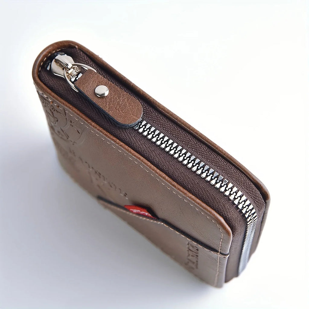 Portefeuille homme vintage en cuir PU huilé avec fermeture éclair intégrale — photo 3