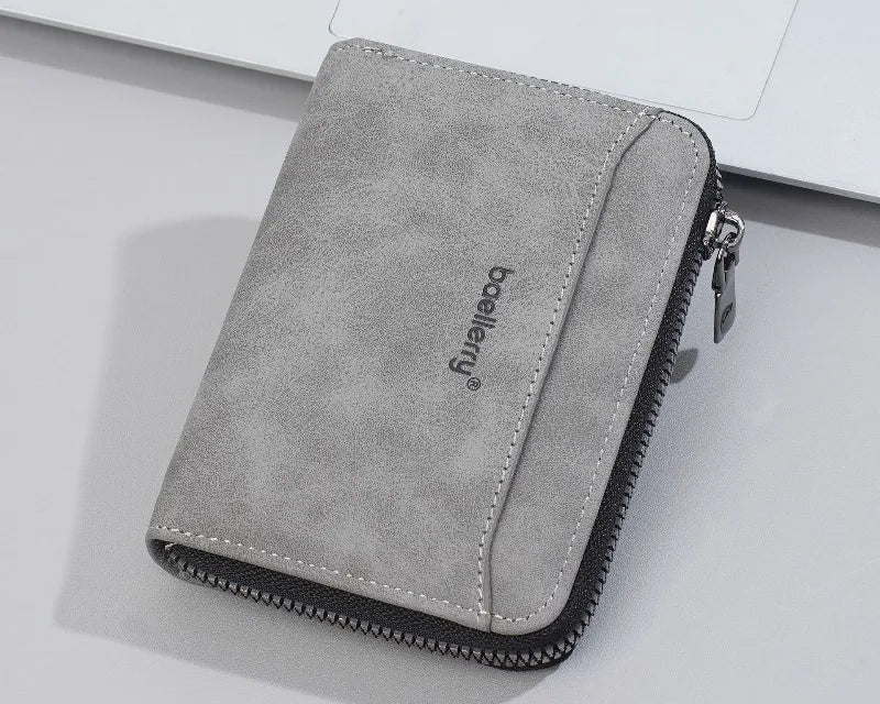 Portefeuille homme compact en cuir PU effet suédé avec zip et porte-cartes multifonction — photo 4