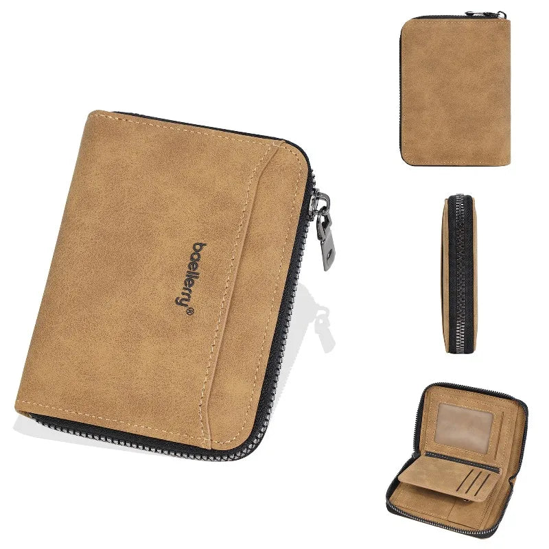 Portefeuille homme compact en cuir PU effet suédé avec zip et porte-cartes multifonction — photo 6