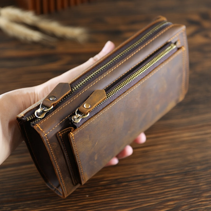 Portefeuille homme long zippé cuir crazy horse, 20,5 cm
