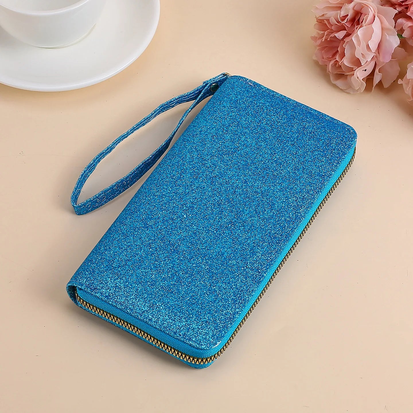 Portefeuille long brillant en simili cuir pailleté avec dragonne pour femme — photo 2 Image