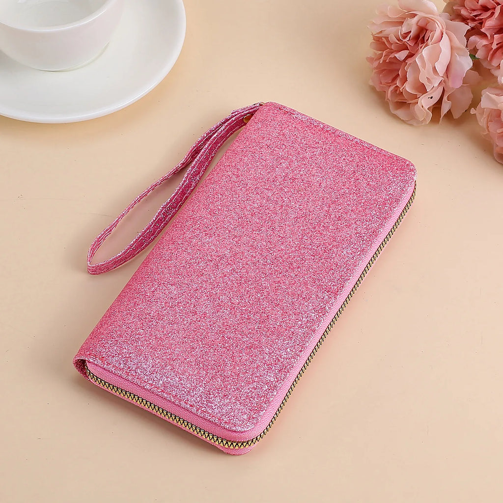 Portefeuille long brillant en simili cuir pailleté avec dragonne pour femme — photo 4