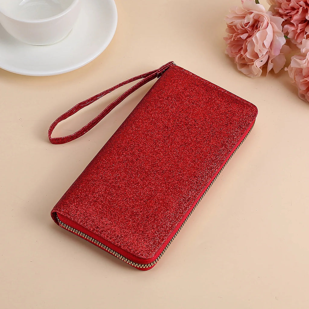 Portefeuille long brillant en simili cuir pailleté avec dragonne pour femme — photo 5