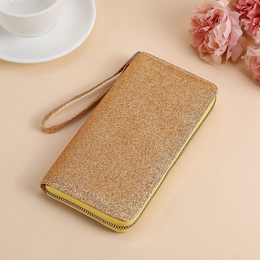 Portefeuille long brillant en simili cuir pailleté avec dragonne pour femme — photo 6
