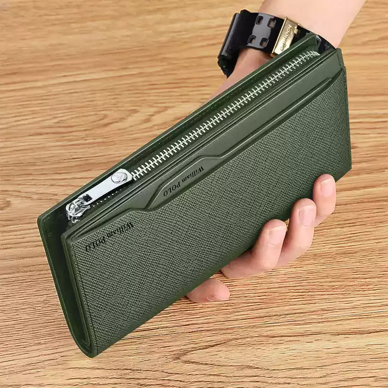 Portefeuille long homme en cuir véritable multifonction avec zip et compartiment téléphone grande capacité — photo 1 Image